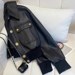 Chic Black Lapel Women Jacket Gold Buttons Flap Pockets Moto Short Coat Cropped Ribbed Trim Y2K Biker Streetwear Outerwear Top