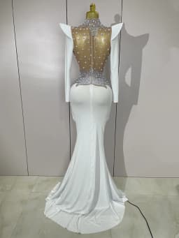 Luxury Sparkly Diamonds Pearl White See Through Mesh Long Dress Women Wedding Evening Party Stage Performance Photoshoot Dress