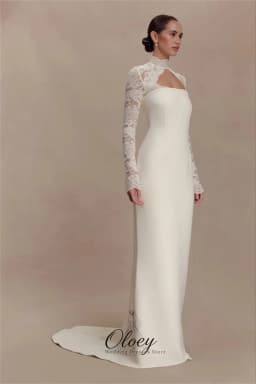OLOEY Modern High Neck Long Lace Sleeve Wedding Dresses For Woman Satin Mermaid With Train Outdoor Bridal Gown Customized