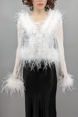 Women See-Through Top with Real Ostrich Feather Brown Black Cropped Jacket Top Bolero 240711