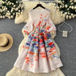 Miyake Pleated Print Dresses 2026 Summer New Round Neck Lantern Sleeve A-Line Flower Bud Dress Elegant Stretch Women's Clothing