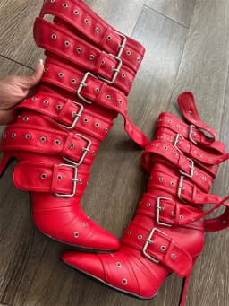 Onlymaker Women Pointed Toe Mid-Calf Boots Buckle Strap Thin High Heel Lady Zipper Female Stiletto Boots