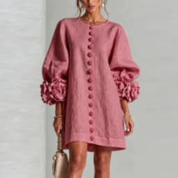 Vintage Solid Dress Ladies Puff Sleeve 3D Floral Decoration Buttons Decor Loose Straight Dress Holiday Party Daily Short Dresses