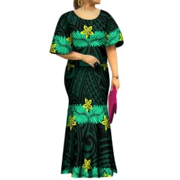 2022 Fall New Style Samoan Puletasi Batwing Sleeve Polynesian Tribal Mermaid Maxi Skirt Dress Women Pacific Island Art Ptaha