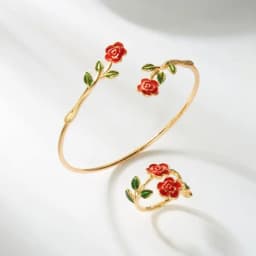 Retro Red Rose Flower Bracelet Ring Set For Women Vintage Drip Oil Open Adjustable Cuff Bangle Finger Ring Party Wedding Jewelry