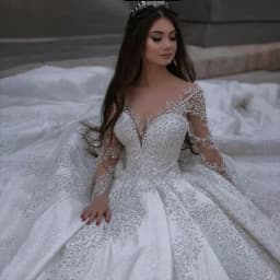 Customized New Luxurious Crystal Sequin Beaded Ball Gown Satin Wedding Dress Illusion Long Sleeves 2026 Court Train Bridal Gowns