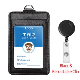 Real Leather Business Work Card Holder ID Badge Holders with Nylon Lanyard Id Name Tag Chest Cards Cases Retractable Reel Clips