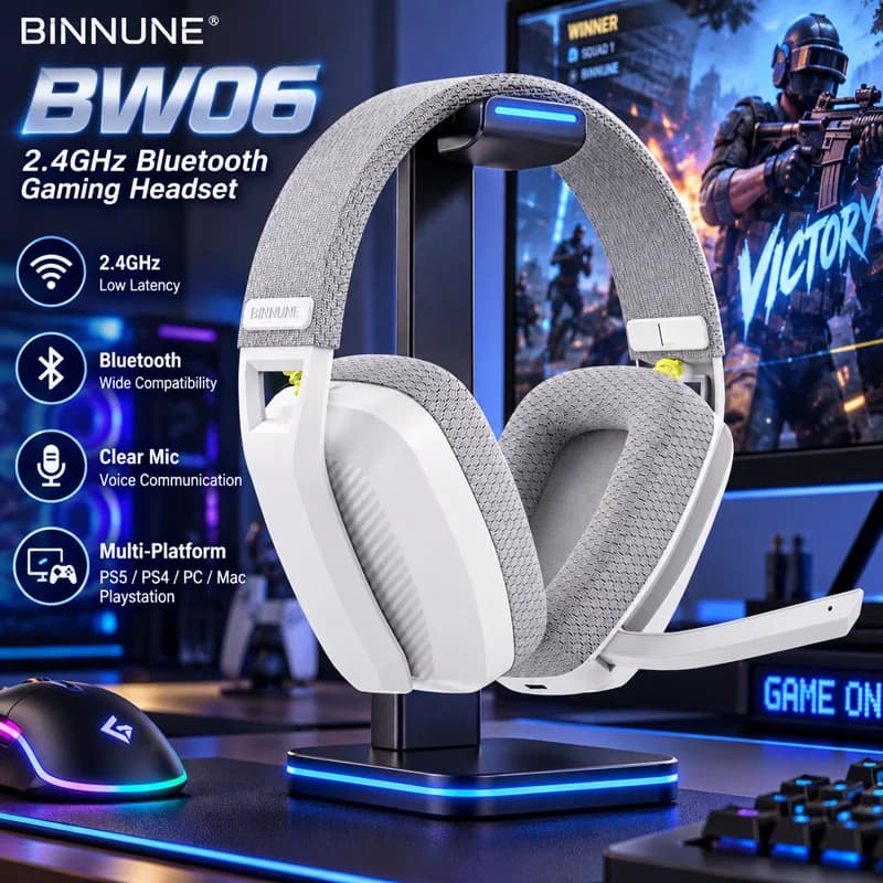 BINNUNE BW06 2.4GHz Bluetooth Gaming Headset with Mic for PS5 PS4 PC Mac Playstation Wireless Gaming Headphone with Microphone