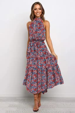 Women's Halter Neck Maxi Dress - Floral Print Boho Chic Smocked Waist Summer Beach Dress for Vacation Casual Wear