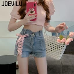 Pink Cross Denim Shorts  Tie Decorative Hot Trousers Shorts Female Summer New High Waist Thin A-line Shorts Womens Clothing