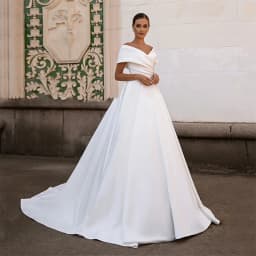 Customized White Boat Neck Sleeveless Satin Criss-Cross Simple A-line Wedding Dress 2026 Floor Length Court Train Bridal Gown