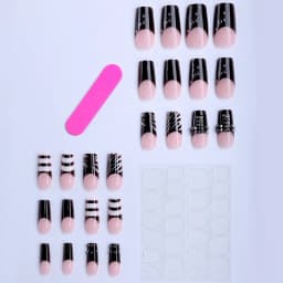 24PCS Gothic Punk Style Fake Nails with Black White Strip Printed Coffin Shape Press on Nails European French False Nails
