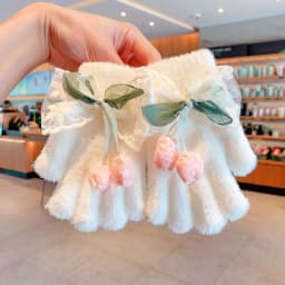 Kids Lace Bow Plush Full Finger Gloves For Girls Cute Flower Bud Decor Girls Winter Warm Windproof Faux Mink Fur Kawaii Gloves