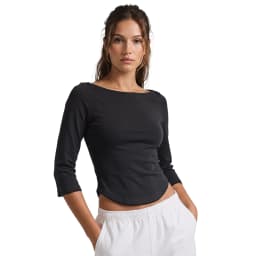 Women Basic Spring Fall Crop Tops Elegant Solid Color Boat Neck 3/4 Sleeves T-shirts