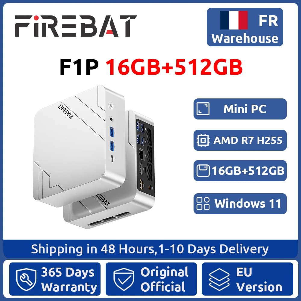 Firebat F1P Mini PC AMD Ryzen 7 H255 16GB LPDDR5 512GB SSD Win11 Pro Desktop Mini Computer USB 4.0 Wi-Fi 6 BT 5.2