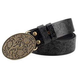 Tang Grass Pattern Embossed Leather Belt Fashion for Men Youth