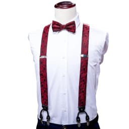 Burgundy Black White  Mens Suspender Adjustable 6 Clips Jacquard Braces Bowtie Hanky Cufflinks Set Silver Gold