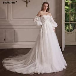 BEPEITHY Customized Strapless A Line Off Shoulder Long Sleeves Bride Ivory Wedding Dresses Glitter Court Train Bridal Gown 2025