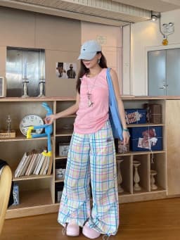 Y2K Pastel Plaid Wide Leg Cargo Pants | Drawstring Waist Baggy Trousers with Hem Toggle 90s Retro Streetwear Sweet Preppy Style