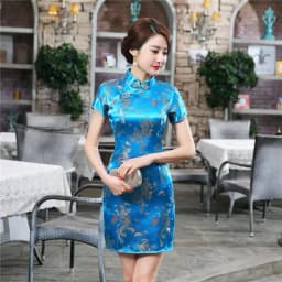Oversize 4XL 5XL 6XL Qipao Red Dragon Mini Cheongsam Women Satin Vestidos Chinese Style Dresses Vintage Mandarin Collar Qipao
