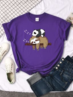 Panda Lying On A Sloth Printed Woman T-shirt Round Neck New Tshirts Fit Tee Shirt Oversized Short Sleeve Womens Tshirts