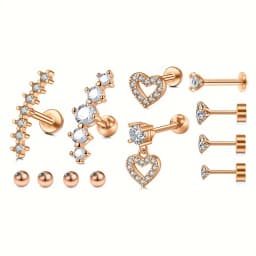 Stainless Steel 12pcs/set Cartilage Stud Earrings - Replaceable Ball Piercing Jewelry Accessories Set - Valentine's Day Gift