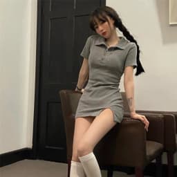 Collar Short Sleeve Slimming Sexy Korean Style High Waist A-Line Dress with Slit for Young Women Summer Fashion