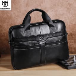 BULLCAPTAIN Leather Laptop Bag, Top Layer Leather 15' Laptop Bag Men's Laptop Briefcase Work Business Travel Bag 053