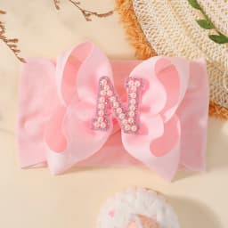 26 Letters Pink Big Bows Pearl Headbands for Baby Girls 5.98'' Wide Nylon Knotted Soft Elastic Hair Bands Wraps Headwear 1PCS