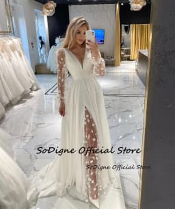 SoDigne A-line Chiffon Bride Dresses Full Sleeves V-neck Appliques Wedding Dress Boho Bridal Gowns vestidos de novia Customized