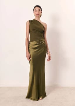 Elegant One-Shoulder Patchwork Satin Maxi Dress Women Sleeveless Ruched Slim Long Dresses 2026 Wedding Guest Evening Party Robes