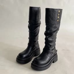 2026 new Women's Platform Motorcycle Boots Buckle Strap Thick-soled Boots Feamle New Black PU Leather Western Knight Botas Mujer