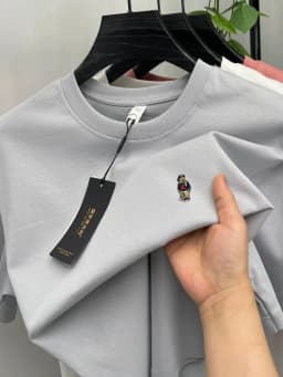 High-end pure cotton short-sleeved men's T-shirt, luxury brand printed cartoon bear, Korean style casual crew neck top for young