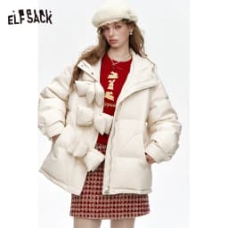ELFSACK Women's Winter Short down Jacket Hooded Bow Button Detail New Arrival Fashion Outerwear