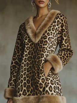 Daily Brown Leopard V Neck Long Sleeve Pocket Western Contrast Faux Fur Mini Dresses
