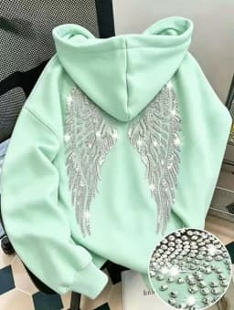 Leisure Spring and Autumn Sweater Wing Print and Hot Rhinestone Two Styles Women's Long-sleeved Pullover Hoodie