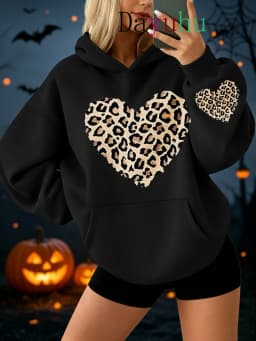 Trendy Oversized Pullover Hoodie Halloween Leopard Heart Print Autumn Winter Street Wear Daily Lounge Wear Fashion Sweatshirt