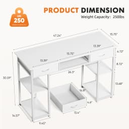 JHK 48 Inch Computer Gaming Desk with Fabric Drawers Storage Shelves Metal Frame Adjustable Feet Table For Bedroom Home Office