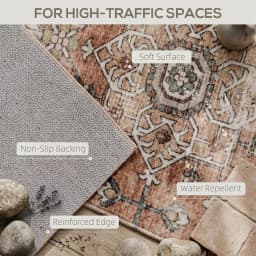 HOMCOM Machine Washable Area Rug, 4'x6' Vintage Oriental Medallion Distressed Rugs for Living Room, Non-Slip Low Pile Boho Carpet for Bedroom Dining Room, Soft Printed Floor Mat, Tan