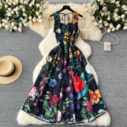 Vintage Elegant Pleated Square Collar sleeveless Print Dress A-line Fashion Spring summer Vestidos Women Bandage Dresses
