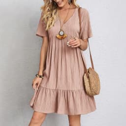 Women Summer Dresses Spring V-Neck Short Sleeve Loose Waist Ruffle Fit Flare Vocation Dresses
