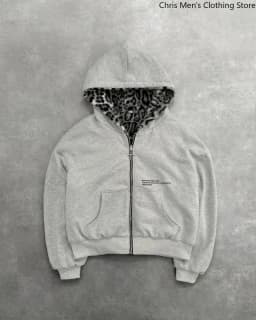 New Two-sided Clothing Harajuku Retro Leopard Print Fashionable Loose Zipper Hoodie Men Street Hip-hop Casual Sweatshirt Women
