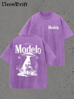 Retro Modelo 1925 Cerveza T Shirt Men Washed Cotton Oversized UFO Cowboy Graphic Tee Casual Streetwear Summer Short Sleeve