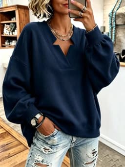 Women's Autumn Winter V-neck Loose Comfortable Ribbed Cuffs Hoodies Sweatshirt  Solid Color Loose Fitting Pullover Hoodie