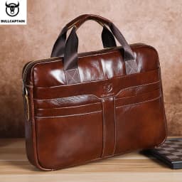 BULLCAPTAIN Leather Laptop Bag, Top Layer Leather 15' Laptop Bag Men's Laptop Briefcase Work Business Travel Bag 053