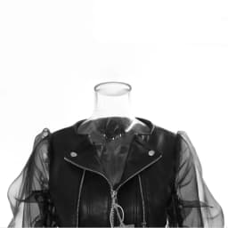 Vintage High Street PU Leather Patchwork Mesh Women Motorcycle Jackets Y2K Harajuku See-through Puff Sleeve Coat chaquetas