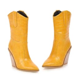 SIMLOVEYO Women Mid-Calf Boots Pointed Toe Thick Heel Cowboy Pull On Big size 34-48 US17 Yellow Red Autumn British