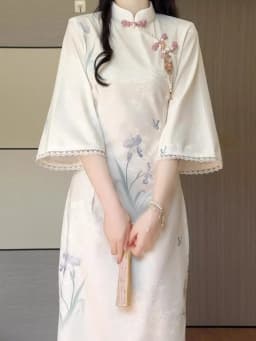 New 2026 Spring Matcha Tofu Improved New Chinese Style Flower Sleeve Long Skirt Elegant Long Qipao for Young Girls