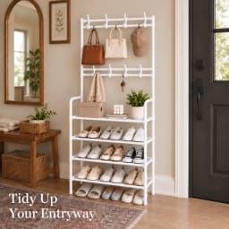 White5 Tier Shoe Rack with Hooks, Space Saving Entryway Organizer for Shoes, Bags, Hats, Closet & Bedroom