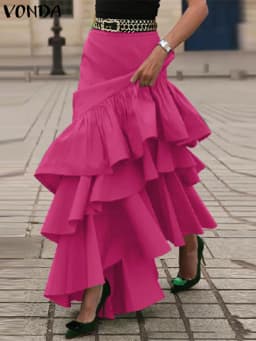 VONDA Women Skirts Elegant Solid Color Party Overskirt 2025 Summer Beach A-Line Ruffled Jupe Casual Loose Bottoms Oversized
